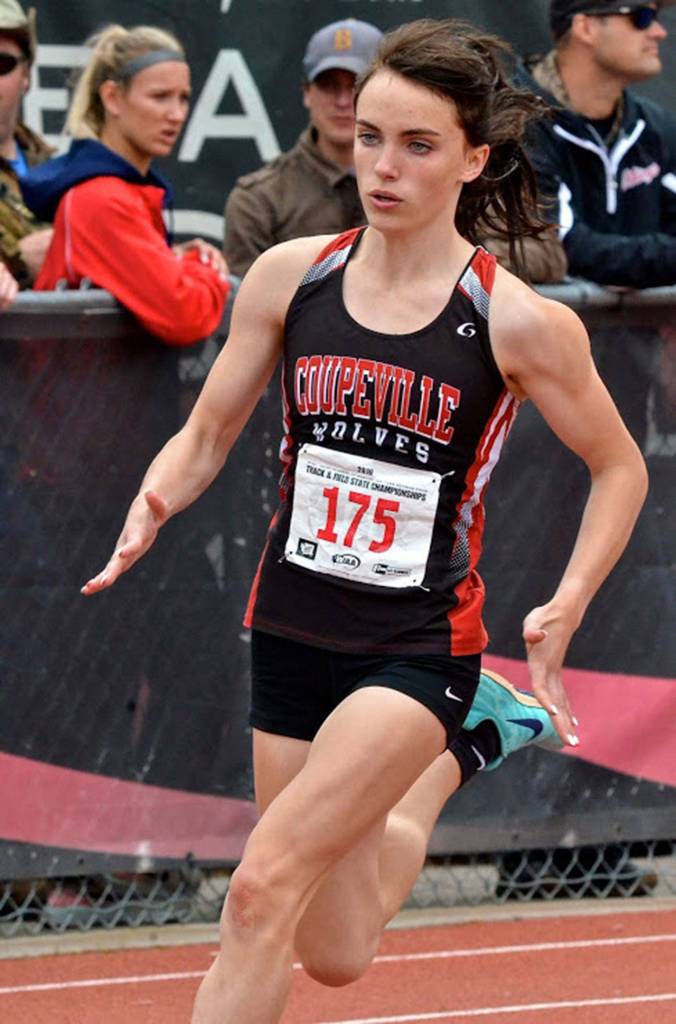 Coupevilles Mallory Kortuem hustles to second place and a school record in the 400 meters.(Photo by Karen Swegler)