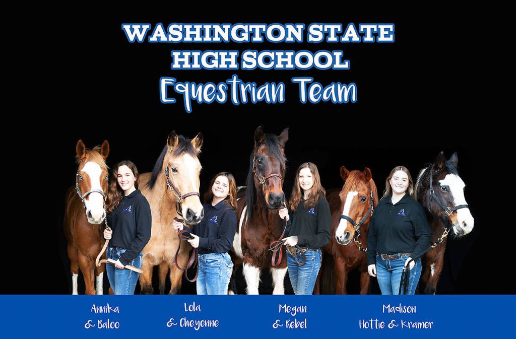 The Sedro-Woolley equestrian team includes four competitors from Coupeville: Annika Heller, left, Lola Jimenez, Megan Thorn and Madison Krieg. (Photo by Laura Houck)