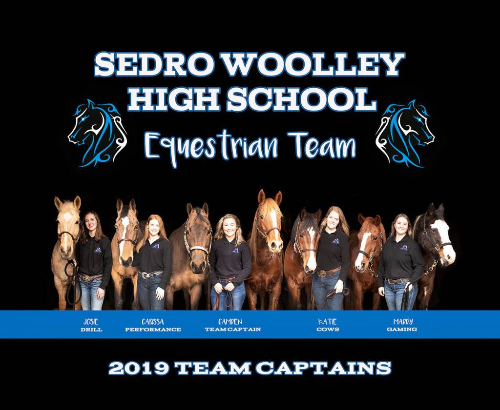 Two of the captains of the Sedro-Woolley equestrian team are from Oak Harbor: Camden Miller, center, and Katie Houck, second from right. (Photo by Laura Houck)