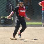 Allison Nastali puts on the brakes as she steals second base.(Photo by Jim Waller/Whidbey News-Times)