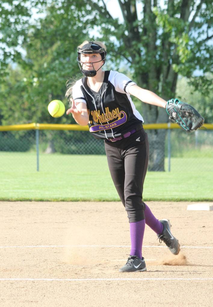 Lydia Ster fires a pitch for North Whidbey.(Photo by Jim Waller/Whidbey News-Times)