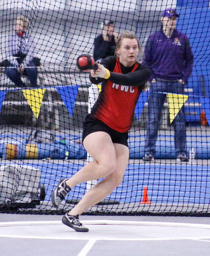 Photo courtesty of NWC Athletics                                Julie Jansen of Oak Harbor tosses the hammer for Northwestern College.
