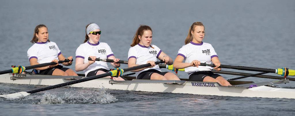 Photo by Stephen Brashear/Red Box Pictures                                Oak Harbors Jillian Pape, second from left, rows for the Huskies in the Class Day regatta March 23.