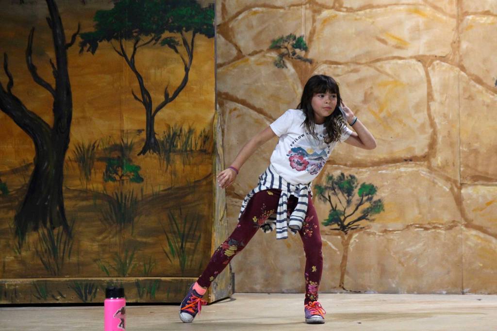 Olivia Valencia practices on stage. She was cast as Mouse. (Photo by Maria Matson/Whidbey News-Times)
