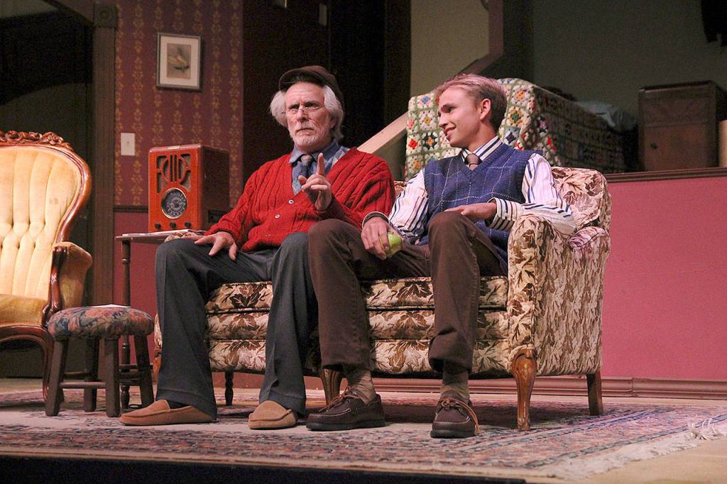 Photo by Laura Guido/Whidbey News-Times                                The curmudgeonly socialist grandfather Ben, played by Ben Honeycutt, lectures his wisecracking grandson Eugene Jerome, played by Ethan Webb, in Whidbey Playhouses production of Broadway Bound.