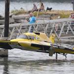 Miss Lucas Oil gets a lift back to the pits. The boat was sponsored locally by Oak Harbors Scotties Plumbing.                                (Photo by John Fisken)