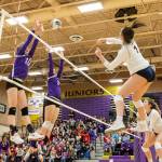 Morgan Pease (10) and Payton Parks return to defend the net for the Oak Harbor volleyball team this fall. (Photo by John Fisken)