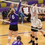 Oak Harbors Payton Parks, left, tips by the block of Cedarcrests Chloe Bigleman.(Photo by John Fisken)