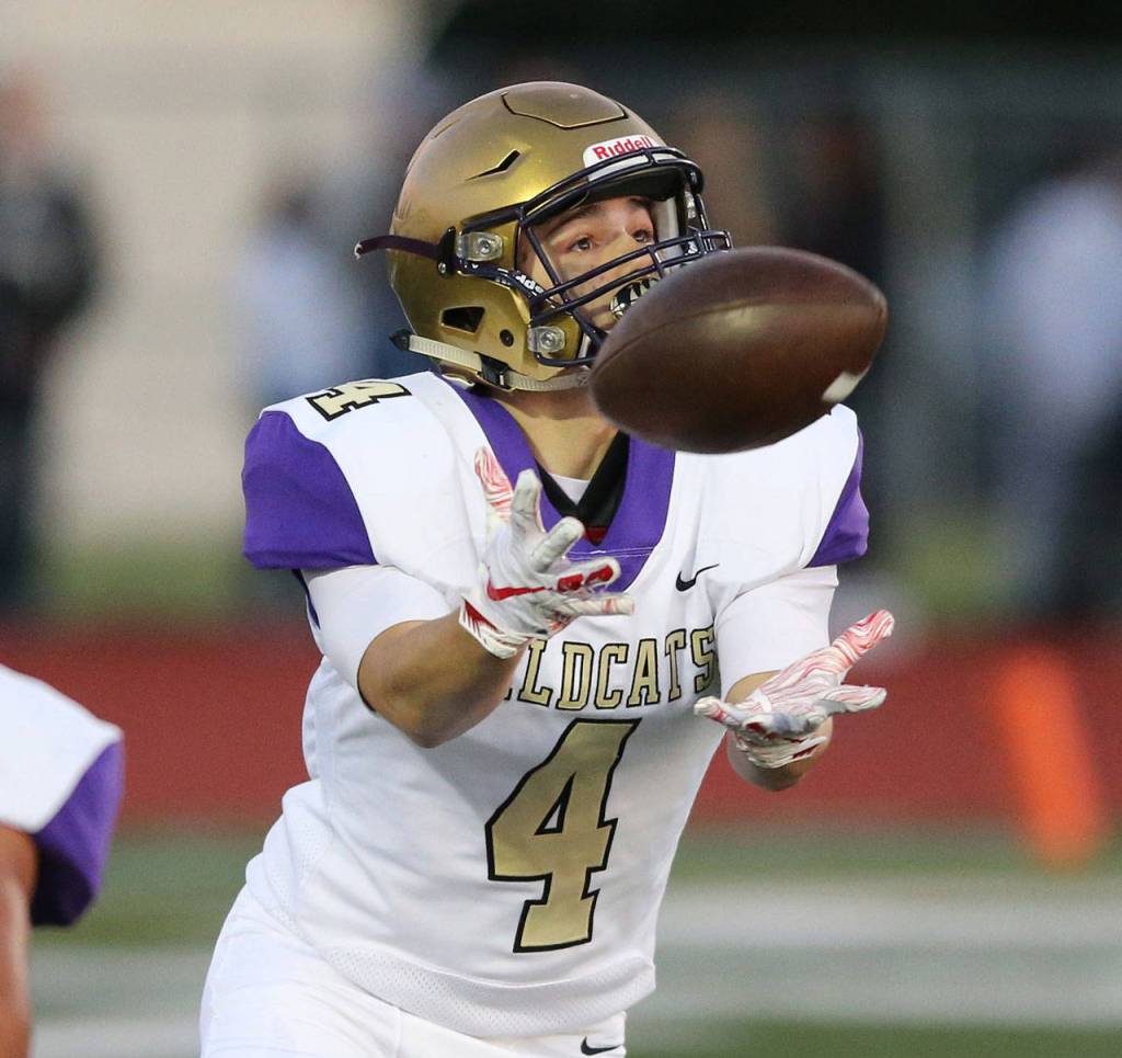 Landon Cantrell receives the ball in Fridays game at Sedro-Woolley. (Photo by John Fisken)