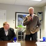 Photo by Jessie Stensland / Whidbey News-Times                                Oak Harbor City Council candidate Jeffrey Mack speaks at a forum Monday at Regency on Whidbey. Joseph Busig, at left, is also running for the seat.