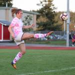 Coupevilles Natalie Hollrigel boots the ball in the Wolves match with South Whidbey Tuesday.(Photo by John Fisken)