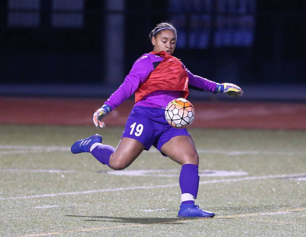 Keeper Tiana Jackson puts the ball back in play against Shorewood.(Photo by John Fisken)