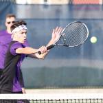 Nick Krantz attacks during his first doubles win with Micah Franklin Monday.(Photo by John Fisken)