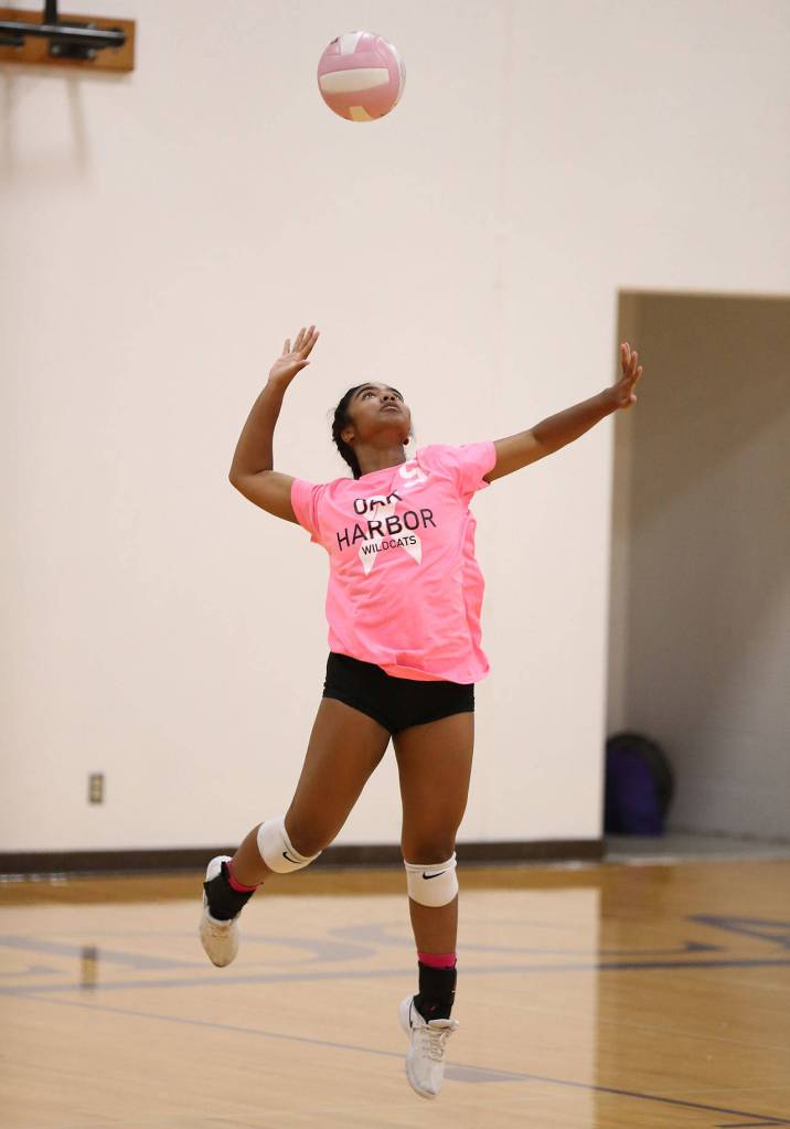 Jaslin Webster fires a serve in Tuesdays match.(Photo by John Fisken)