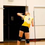 Jaelyn Crebbin serves for the Oak Harbor volleyball team.(Photo by John Fisken)