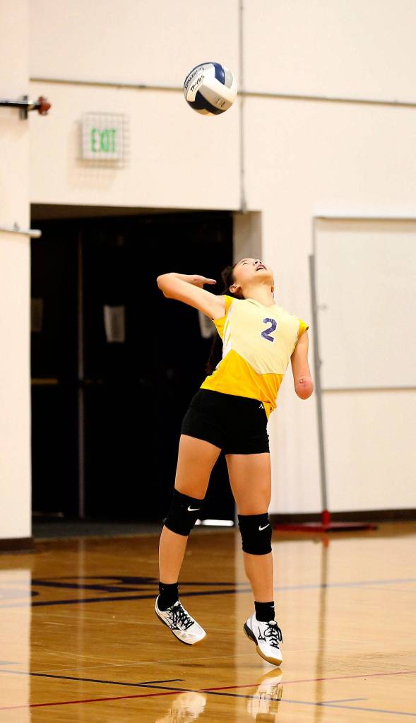 Jaelyn Crebbin serves for the Oak Harbor volleyball team.(Photo by John Fisken)