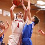 Coupevilles Jered Brown powers to the hoop to help the Wolves defeat Orcas Island Saturday. (Photo by John Fisken)