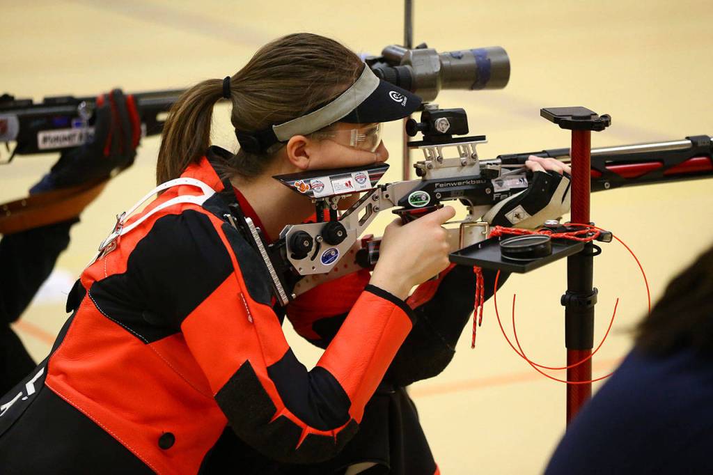 Lauren Crossley takes aim on the way to winning the precision air rifle competition.(Photo by John Fisken)