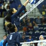Doing what she did better than any other player in the history of WWU and the Great Northwest Athletic Conference, Kayleigh Harper puts up a block in a match last month. (Photo by John Fisken)