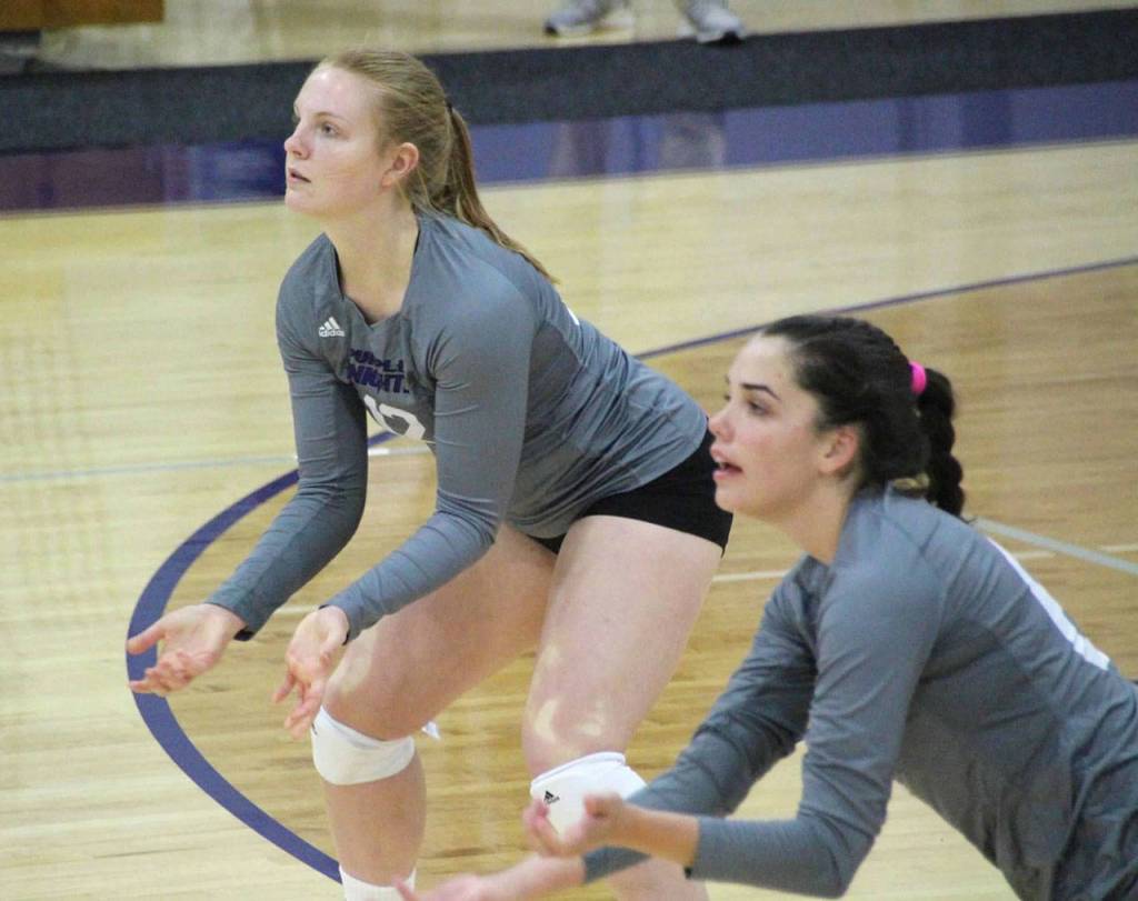 Oak Harbors Claire Anderson, left, plays volleyball for the University of Bridgeport. (Photo courtesy of UB Athletics).