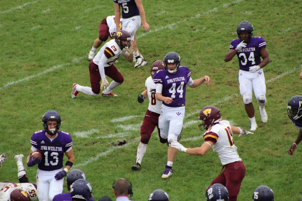 Coupevilles Jacob Martin (44) plays football for Iowa Wesleyan. (Photo courtesy of IW Athletics)