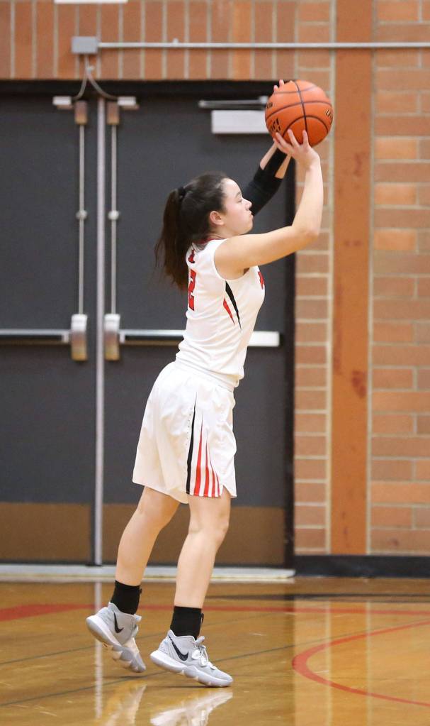 Scout Smith launches a three-point shot for Coupeville.(Photo by John Fisken)