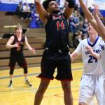 Jacobi Pilgrim shots in the Wolves game at South Whidbey Friday.(Photo by John Fisken)