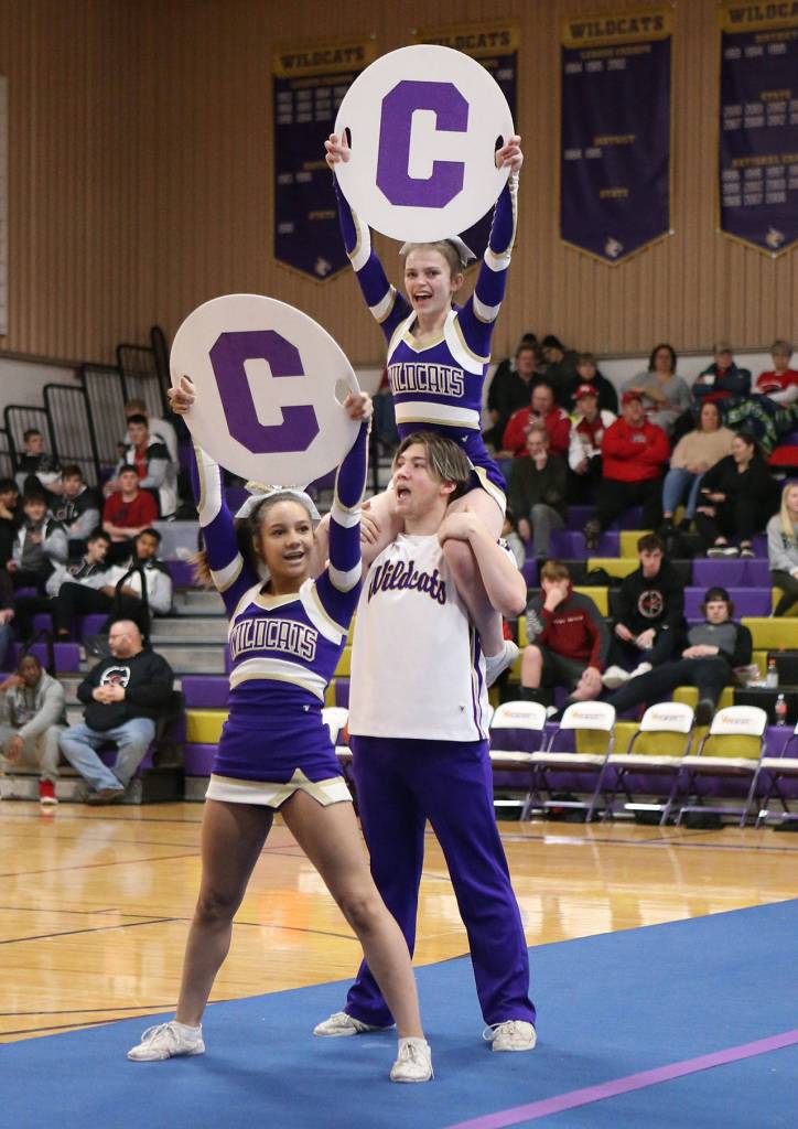 Oak Harbors Jada Jones, front, Griffin Stein and Morgan Roundy, flier. (Photo by John Fisken)
