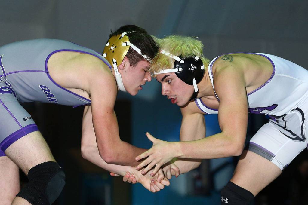 Oak Harbors Evan Beerbower, left, tangles with Anacortes Aidan Ufkes. (Photo by John Fisken)