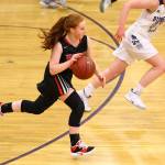Maddie Georges pushes the ball up the court for Coupeville. (Photo by John Fisken)
