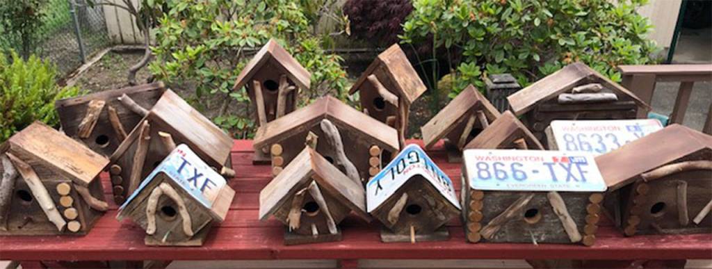 Lions member building birdhouses to help food bank