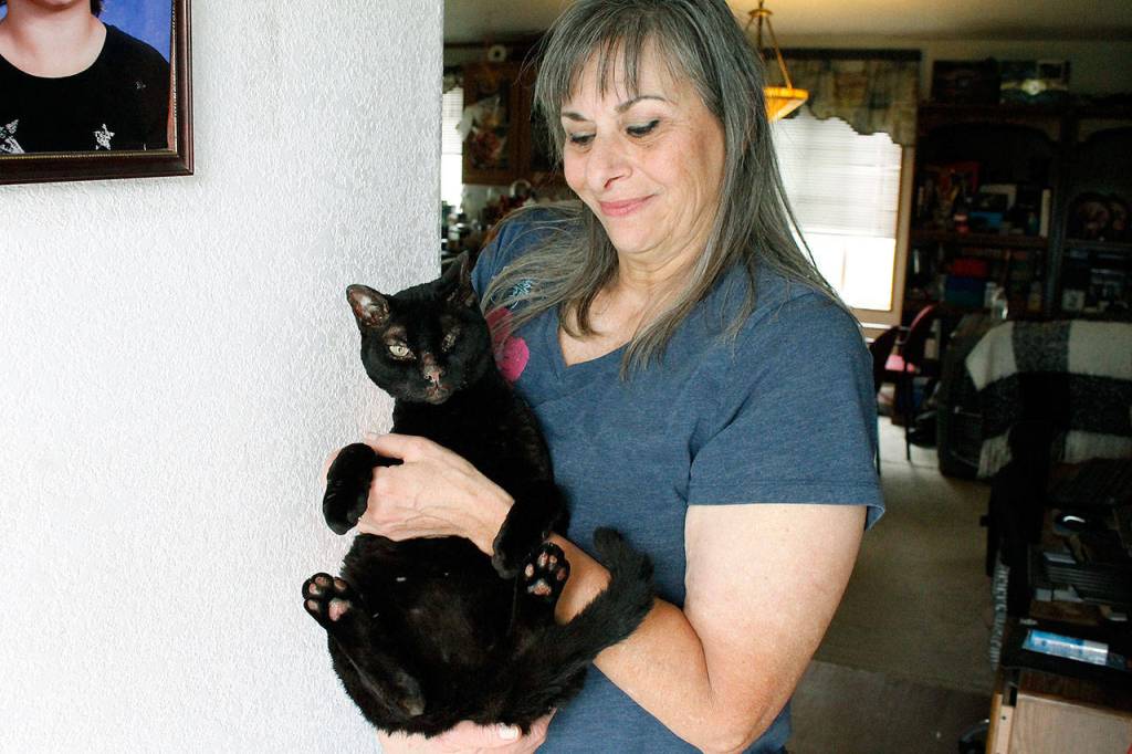 Photo by Kira Erickson/Whidbey News Group                                Donna DeBonis with Talyn, Angela Kurtzs cat that survived the blast with singed fur.