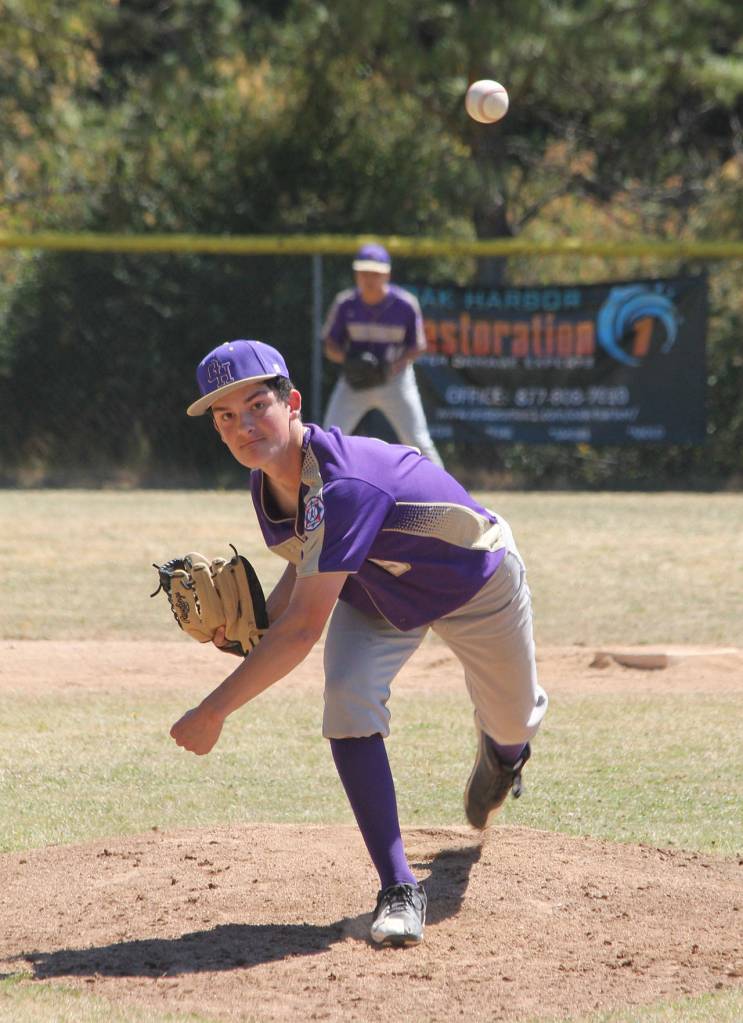 Adam Nurvic throws a strike for Oak Harbor. (Photo by Jim Waller/Whidbey News-Times)
