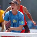 South Whidbeys Riley Newman, front, teamed with Tyson McGuffin to win a professional pickleball doubles tournament earlier this month. (Photo courtesy of Team Selkirk)