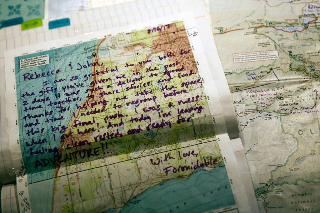 A note from a hiker of the Pacific Northwest Trail to trail angels John and Rebecca Roberts. (Kevin Clark / The Herald)