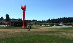 The Angel de la Creatividad sculpture is currently bright red, but it is unknown whether it will stay that color if it is installed in Oak Harbor. Rendering provided