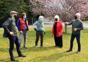 Photo by Jessie Stensland/Whidbey News Group
From left, George Henny, Goosefoot Director of Program Marian Myszkowski, Goosefoot President Jean Singer, Island Senior Resources Executive Director Cheryn Weiser and Goosefoot Vice President Chris Salomone talk about a proposed affordable housing project in Bayview.