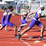 Oak Harbor High School track and field hosted Anacortes Wednesday. The Wildcats came in second in the 4x100 relay with 46.77 to the Seahawks 46.26. Overall, Anacortes bested the Oak Harbor boys and girls varsity teams, 155 to 115 and 220 to 80, respectively. (Photo by John Fisken)