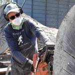 Clinton artist Pat McVay cut into a massive section of the 330-year-old Garry oak tree that used to stand in front of the Oak Harbor post office. He will turn it into an acorn sculpture. Photo by Emily Gilbert/Whidbey News-Times