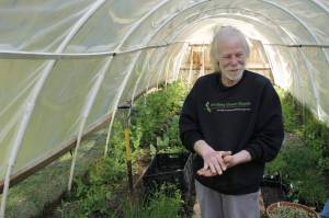 Michael Nichols, owner of Whidbey Green Goods, stands in his hoop house, also known as The Hovel. Customers visit the Clinton farm to pick up their own produce and plant starts. (Photo by Kira Erickson/Whidbey News Group)