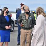 Capt. Matthew Arny, middle, and his wife Samar, left, greet first lady Jill Biden during her visit in March. Arny told Oak Harbor City Council members he will be leaving Naval Air Station Whidbey Island in July. (Photo by Emily Gilbert/Whidbey News-Times)