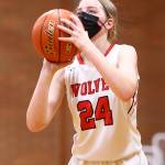 Savina Wells takes a shot in a Coupeville High School basketball game against Orcas Island High School May 20. (Photo by John Fisken/Whidbey News-Times)