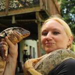 Amanda Ferrara, wrapped in boa constrictors Spot and Peaches, shows off her Argentine Tegu, Niki. (Photo by Karina Andrew/Whidbey News-Times)