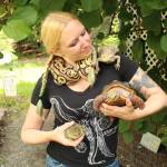 Amanda Ferrara poses with ball python Lemon, bearded dragon Drogon, red-footed tortoise Bus, and pixie frog Cartman. (Photo by Karina Andrew/Whidbey News-Times)
