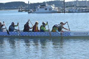 Photo by Emily Gilbert/Whidbey News-Times
Members of the North Puget Sound Dragon Boat Club launched their 40-foot-long dragon boat at Oak Harbor Marina for the season on Wednesday.