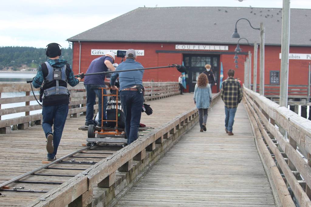 Chris Stack and Samantha Soule film a scene of Midday Black, Midnight Blue. (Photo by Karina Andrew/Whidbey News-Times)