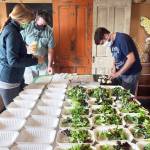 Americorp Member Casey Hazard, left, Coupeville Farm to School Board member and middle school teacher Wilbur Purdue, center, and Coupeville Farm to School school garden coordinator Zvi Bar-Chaim package salads at last years Cook for a Cause fundraiser. (Photo provided)