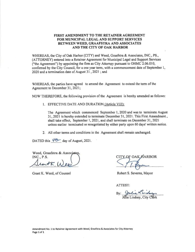 A copy of City Attorney Grant Weeds notice of his intent to terminate his contract with the city of Oak Harbor early. Weed and Assistant City Attorney and Public Records Officer Anna Thompson told the mayor the same day of their impending departures from the city.
