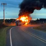 An RV caught fire Monday after being dragged along the road on its wheel rims, North Whidbey Fire and Rescue reports. (Photo provided)