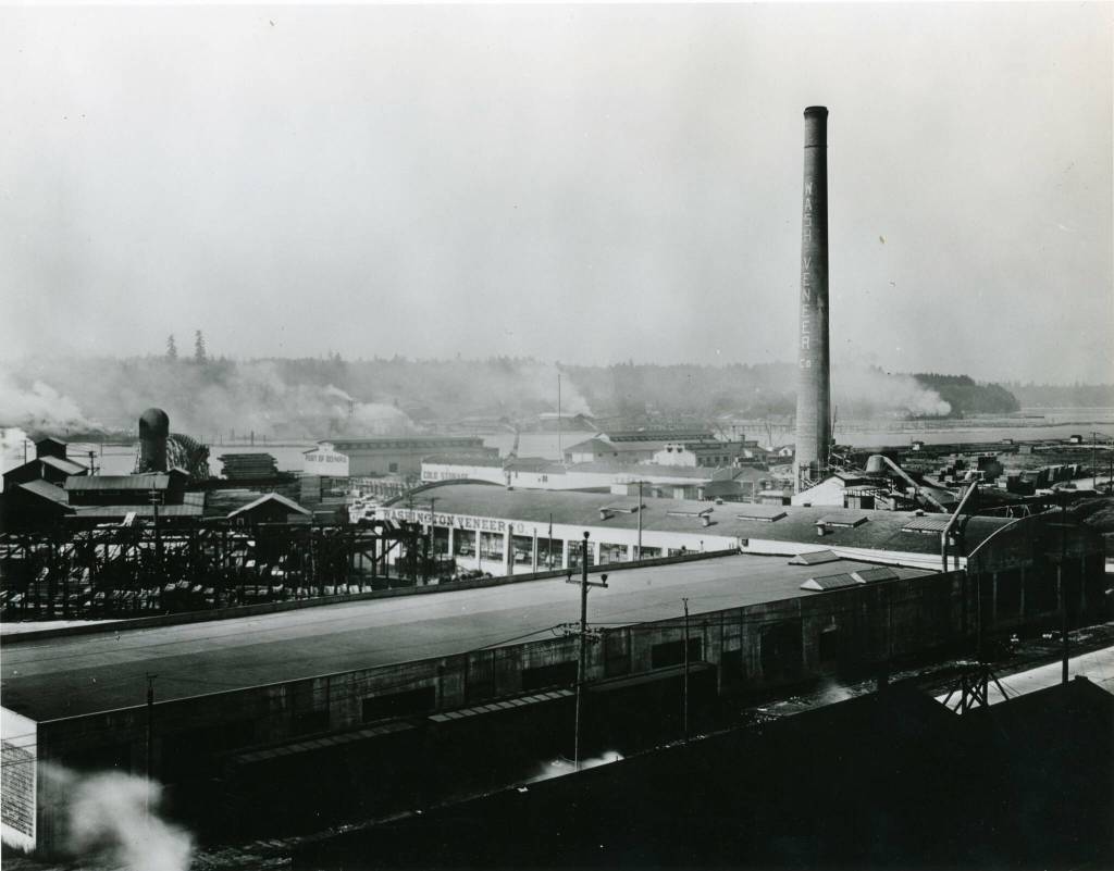 Photo courtesy of Washington State Archives
A historical photo shows the Olympia industrial area on the waterfront, including the Washington Veneer Company, which was founded in 1924.